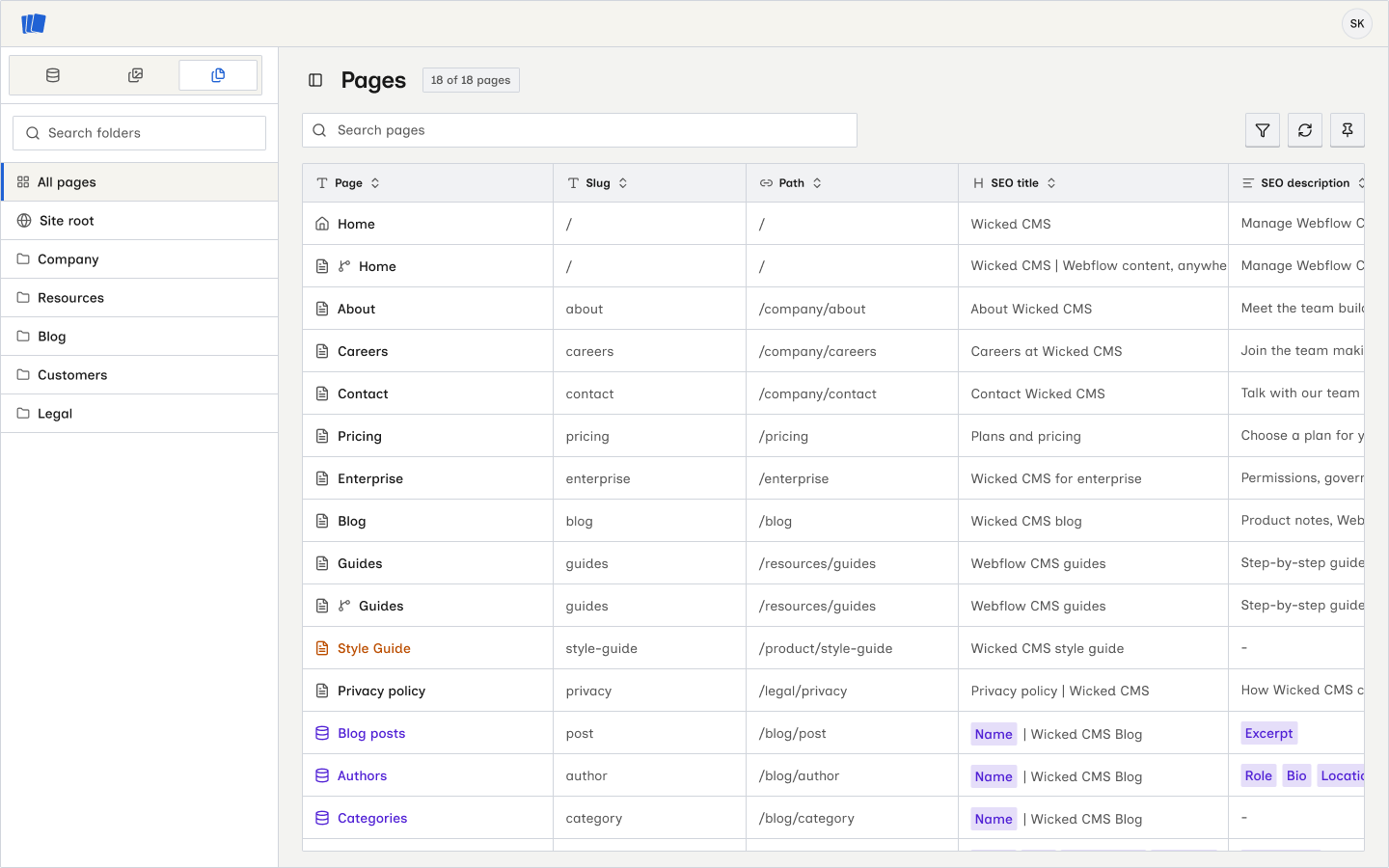 Pages workspace with folder sidebar and pages table