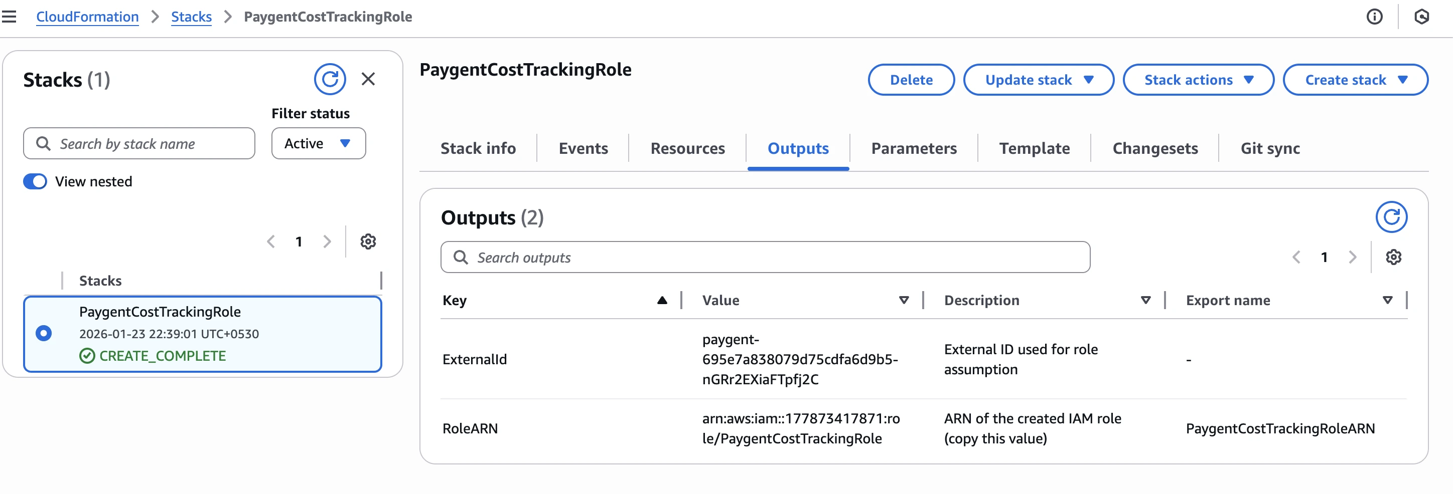 Copy Role ARN from Outputs