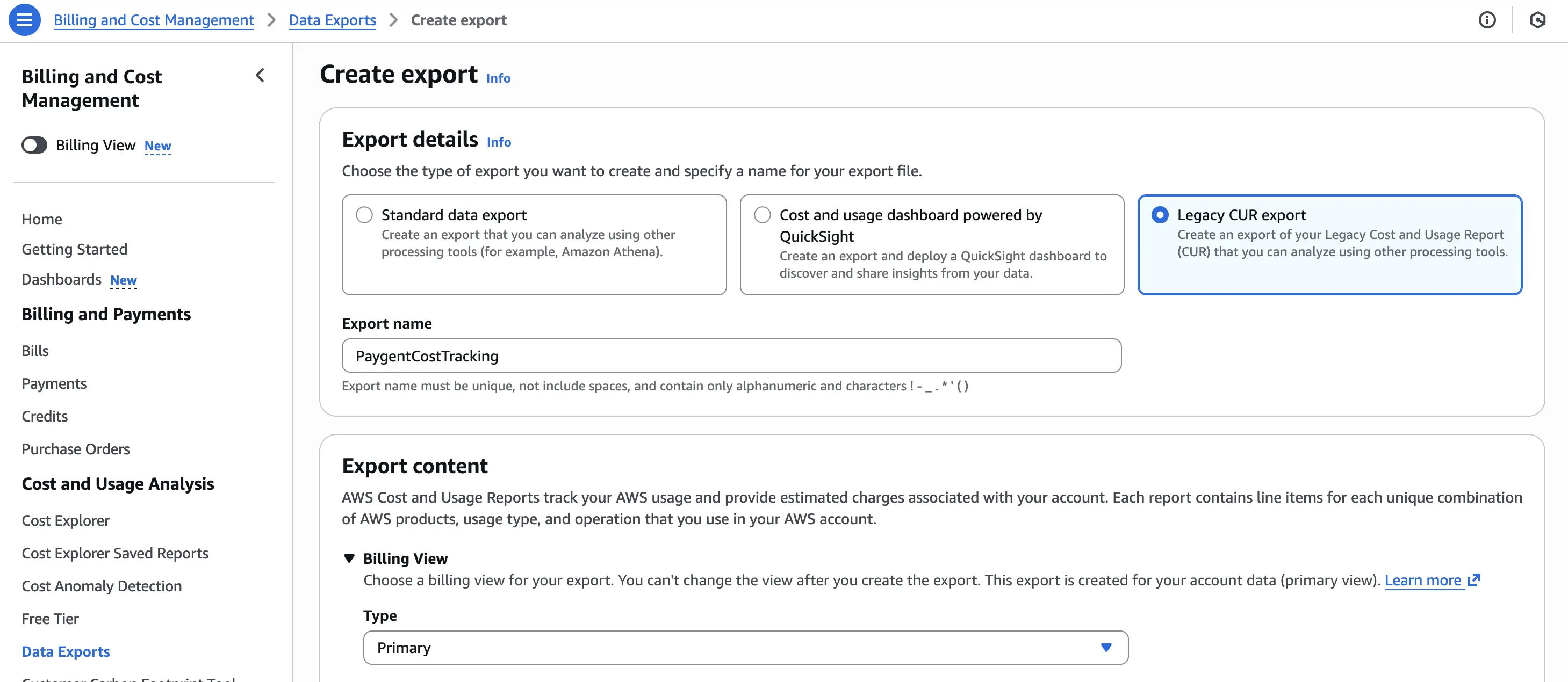 Select Legacy CUR Export