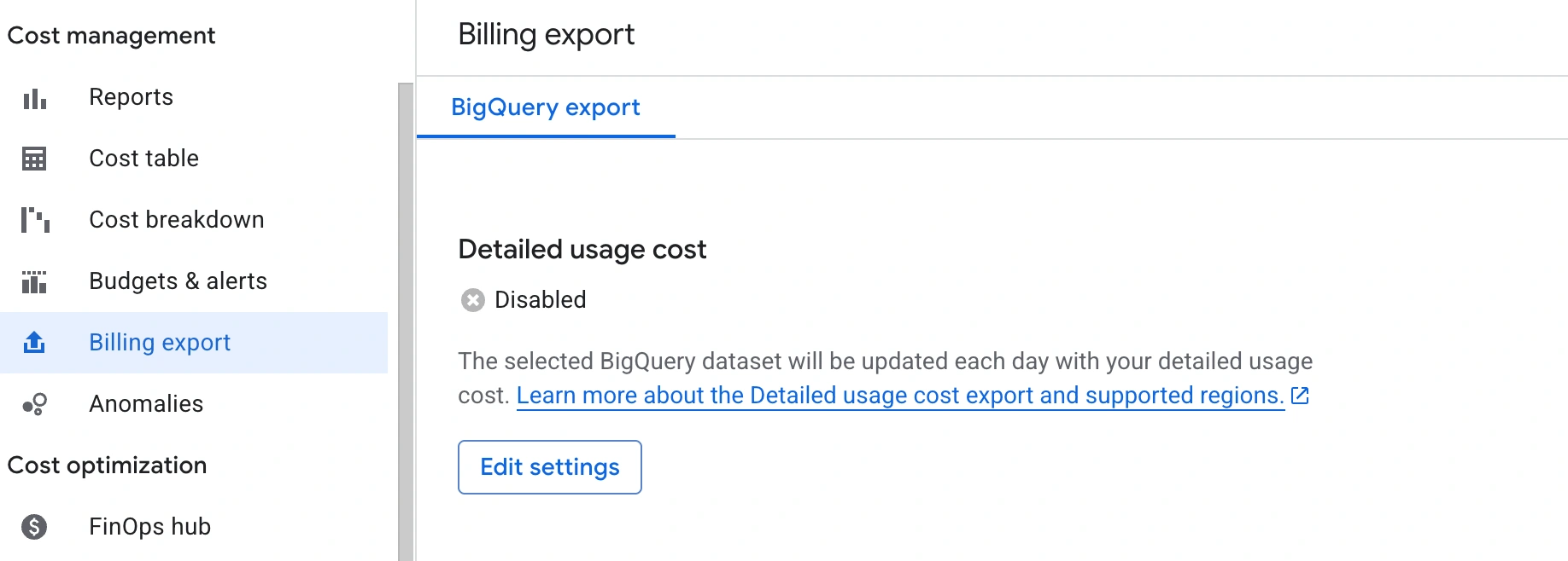 GCP Billing Export - Edit Settings