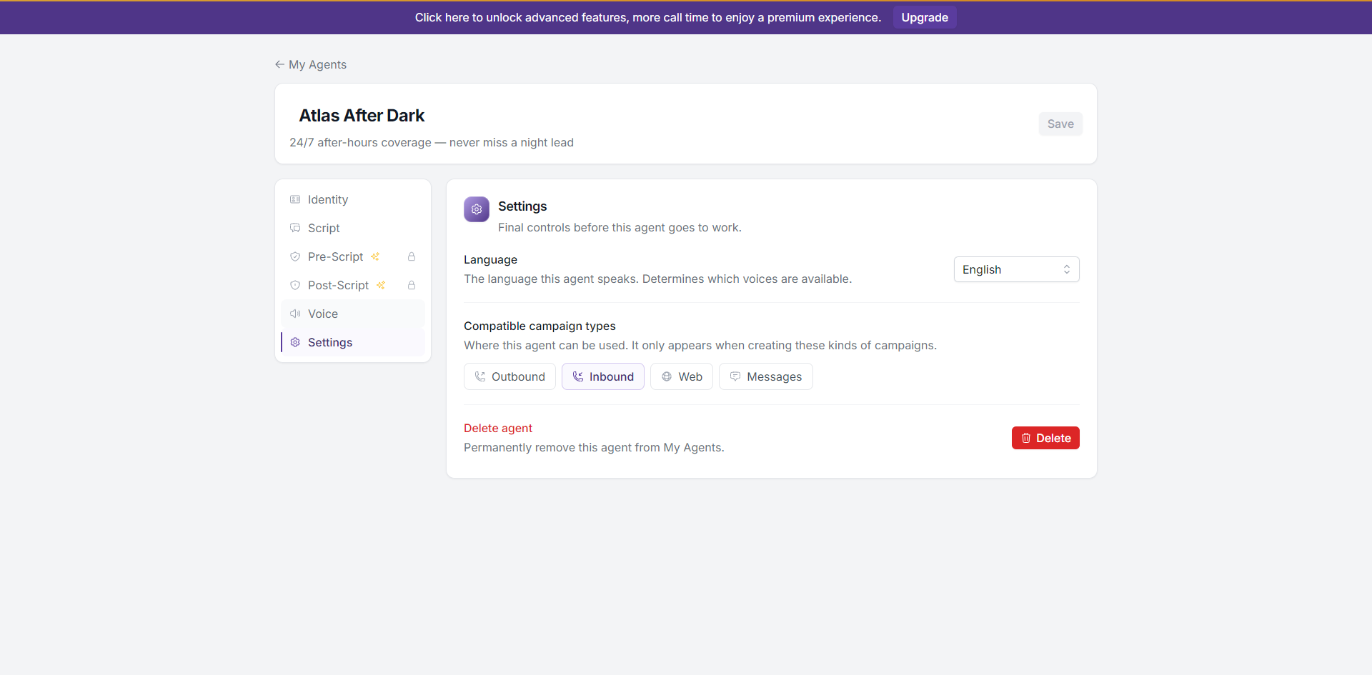 Editor Settings tab showing Language selector and Compatible campaign types
