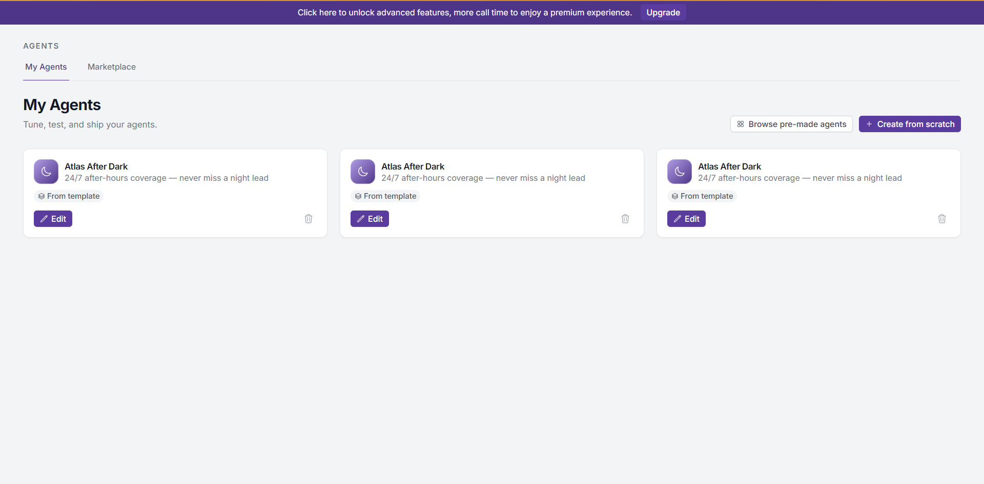 My Agents tab showing your personal agent collection with Edit and Delete actions