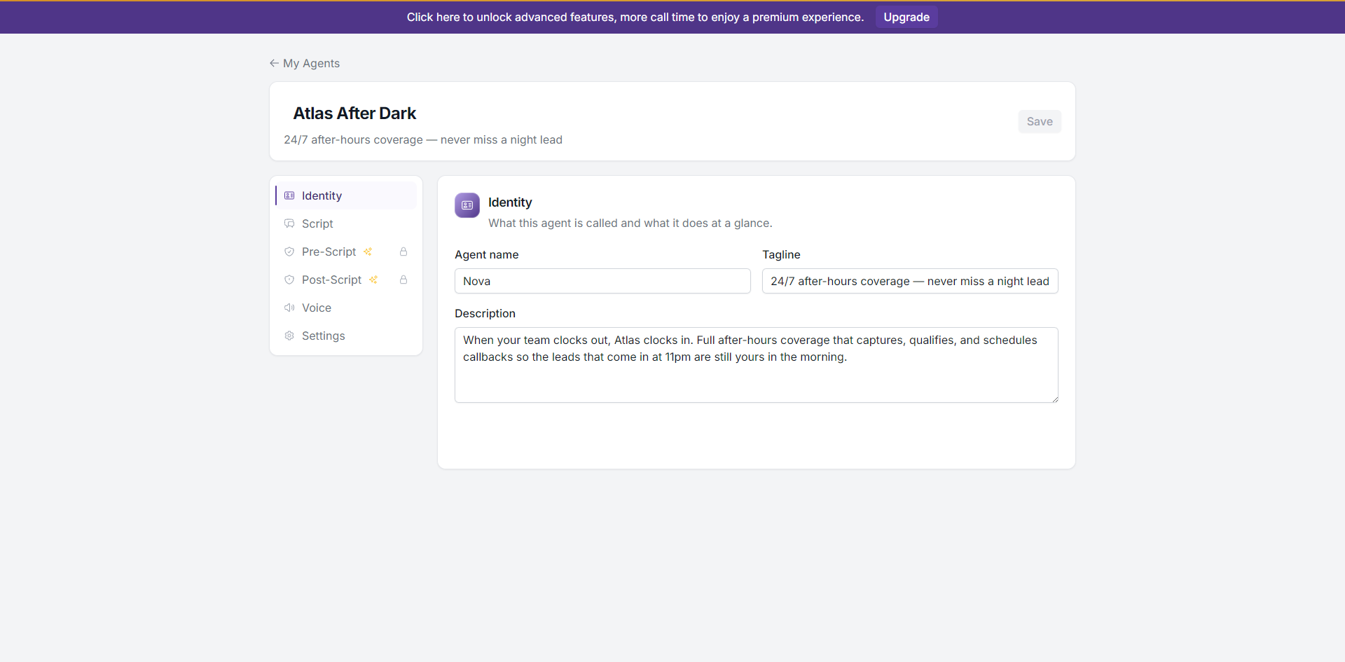Agent editor showing the Identity section with sidebar navigation