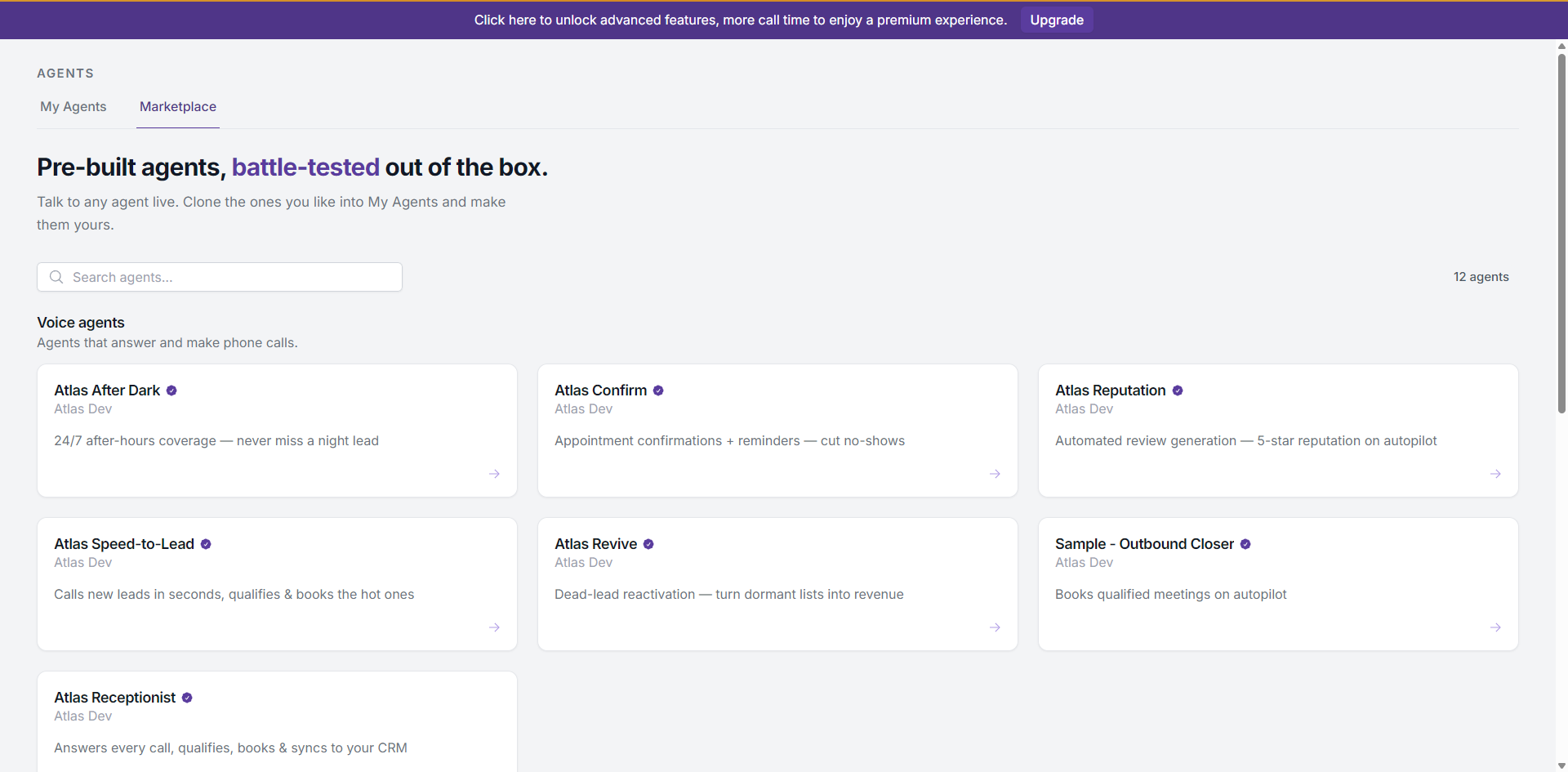 Marketplace tab showing curated agent cards organized by channel