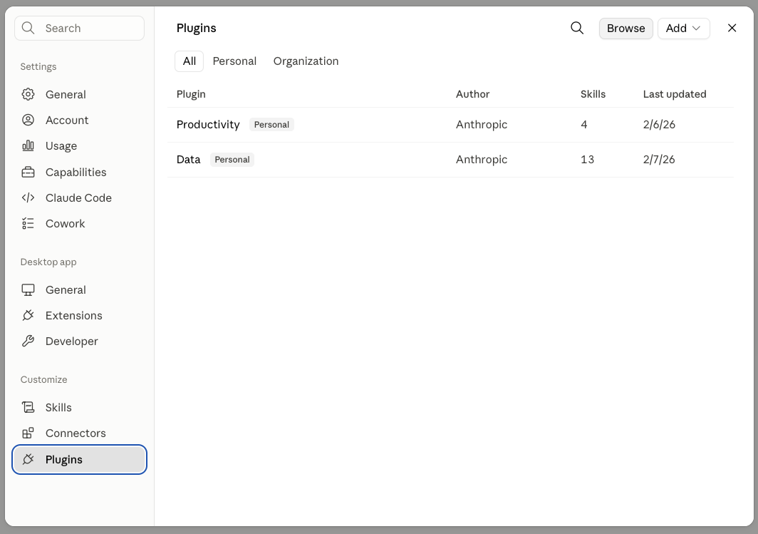 Claude Plugins settings with Browse button