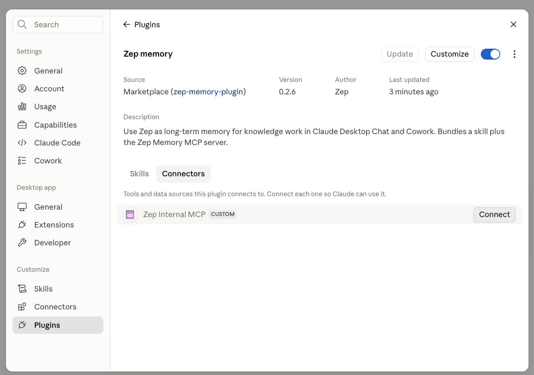Zep memory plugin Connectors tab with Connect button