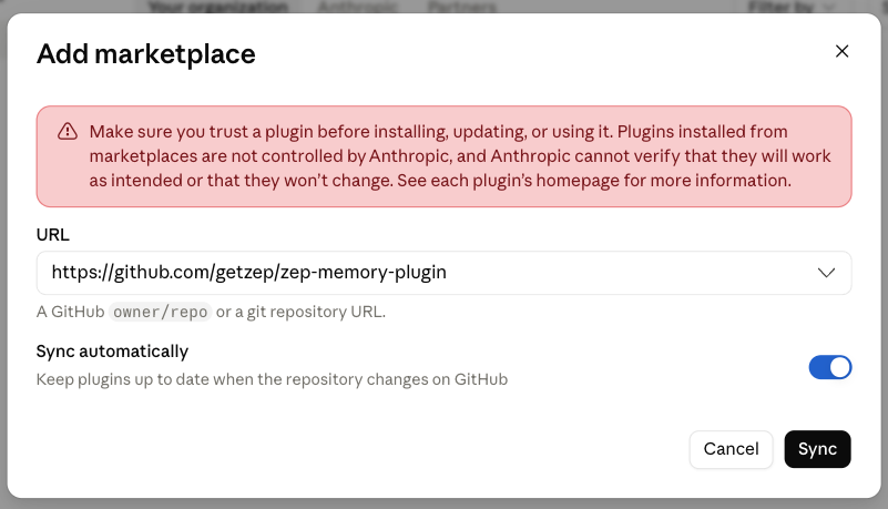 Add marketplace dialog with the Zep GitHub URL