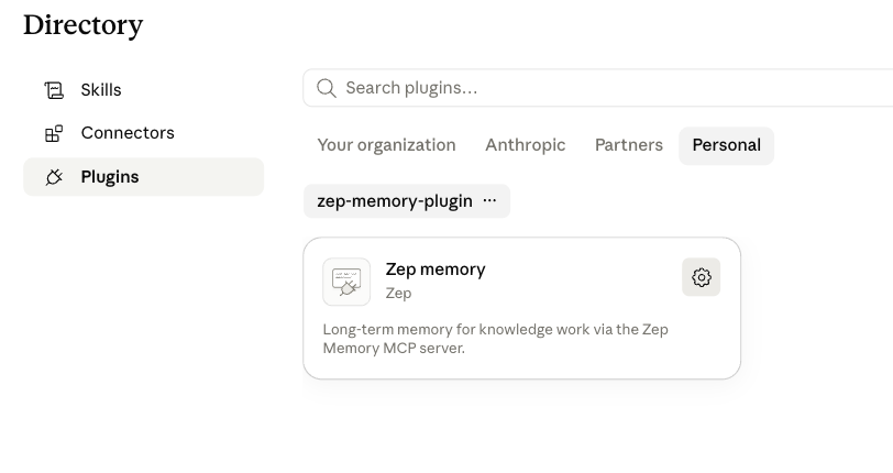 Zep memory plugin card with settings gear