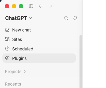 ChatGPT desktop sidebar with Plugins selected