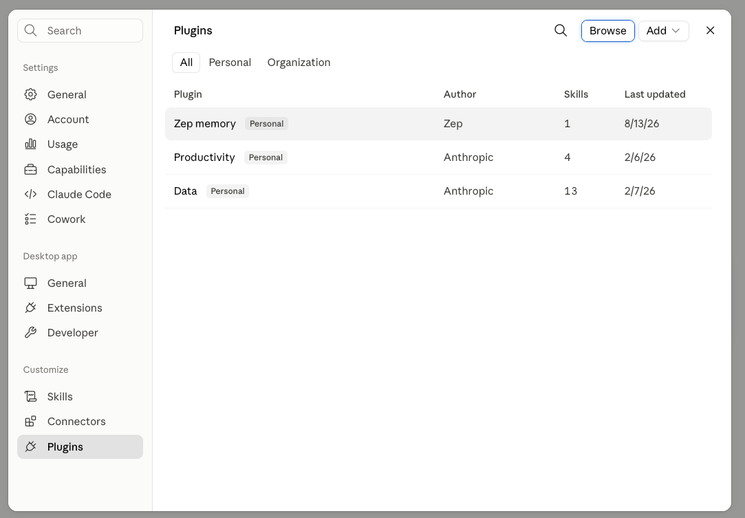 Installed plugins list including Zep memory