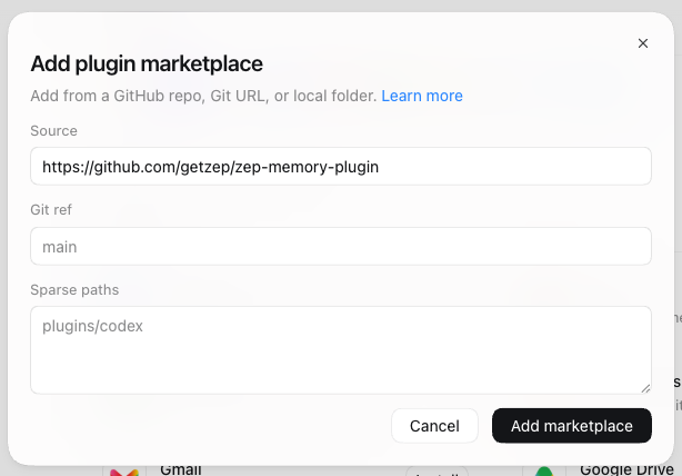 Add plugin marketplace dialog with the Zep GitHub URL