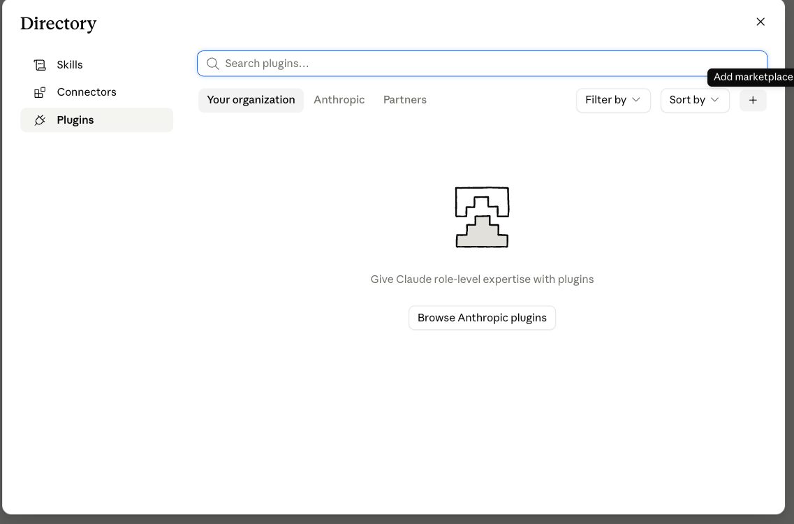 Claude Directory Plugins tab with Add marketplace tooltip