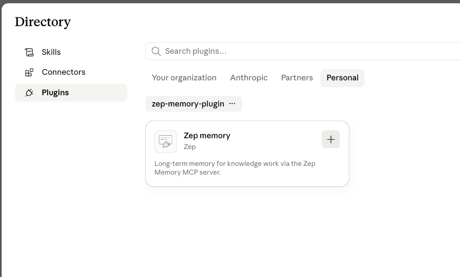 Zep memory plugin card with add button
